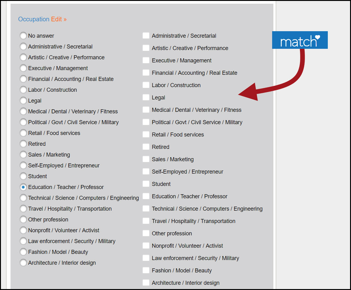 Match.com Job Option Settings For Men