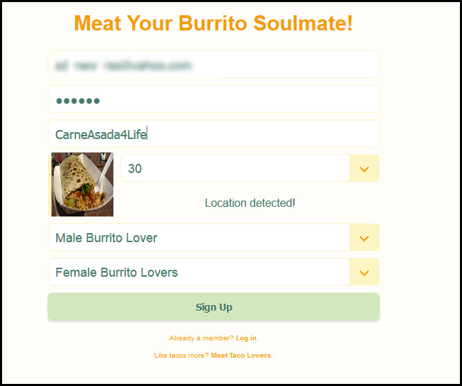 Dating Site Logon for Burrito Lovers