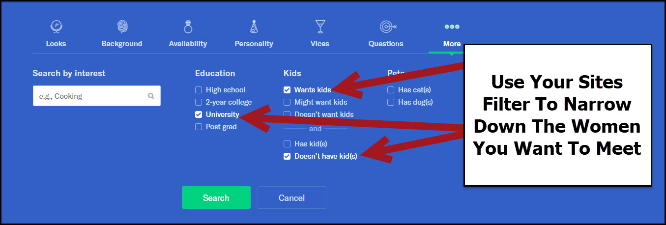 OkCupid filtering mechanism to search for women