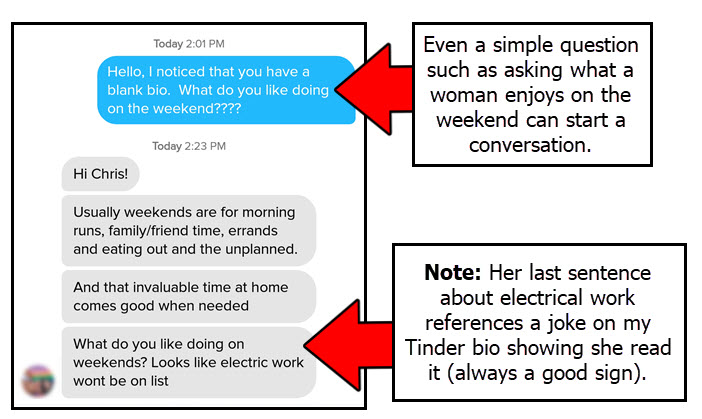 How to start a conversation with a woman who has a blank bio on Tinder
