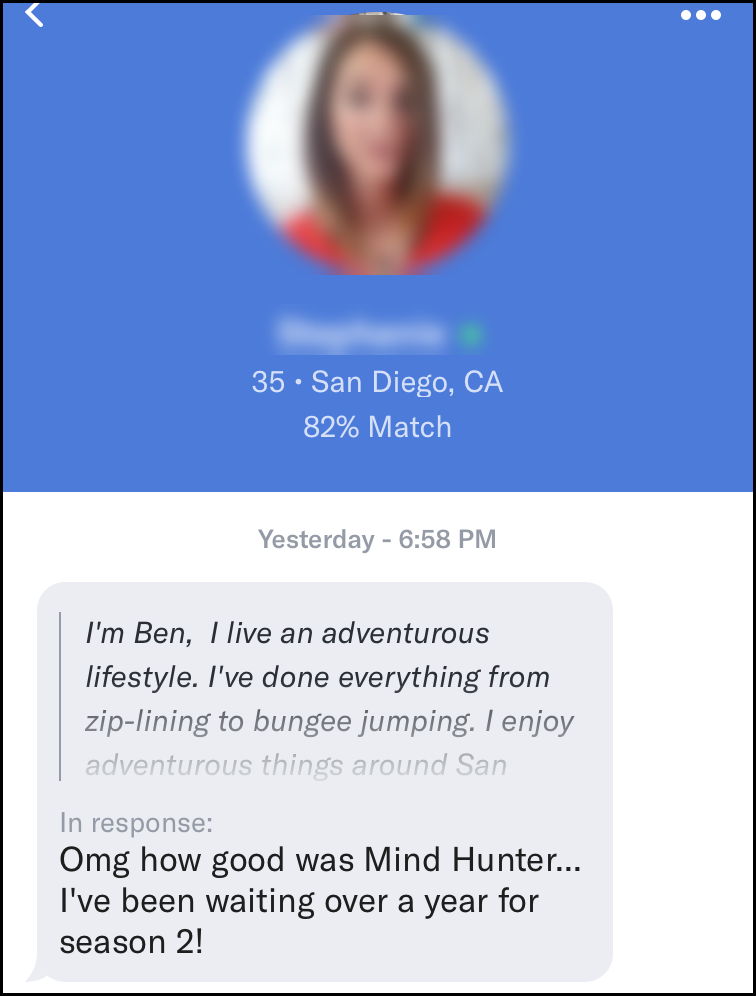 Woman commenting on bio on OkCupid