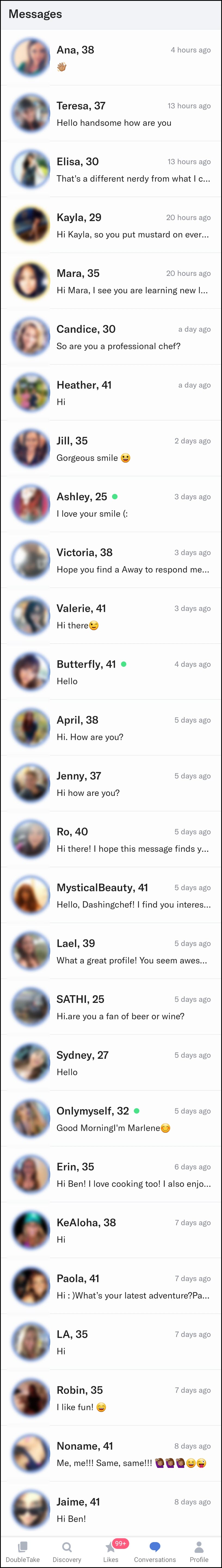 An inbox of messages from women after revised dating profile on OkCupid