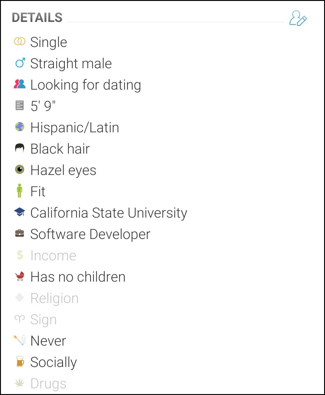 The clover dating app offers several details for your bio