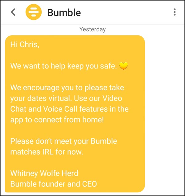 Bumble offers video chat so you can date during the Coronavrius