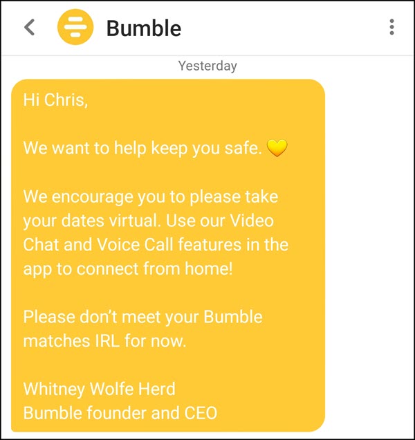 Bumble offers video chat so you can date during the Coronavrius Bumble offers video chat so you can date during the Coronavrius