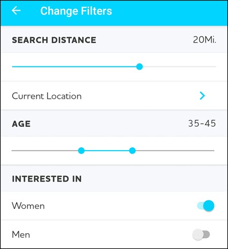 JSwipe has limited search filters