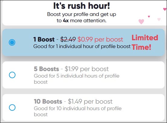 How much are boosts on OurTime app?