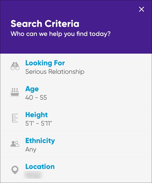 Mobile app search filter on OurTime app