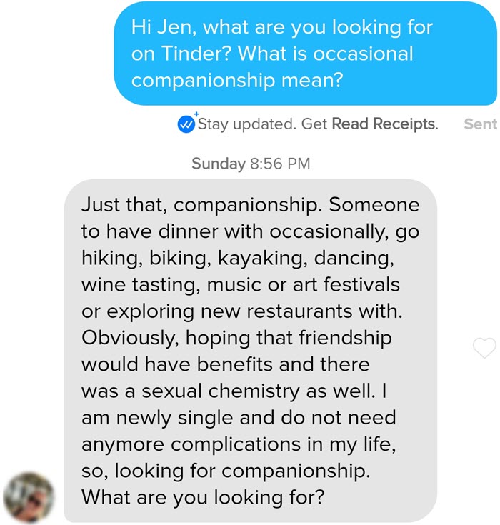 Asking a woman on Tinder what she's looking for.