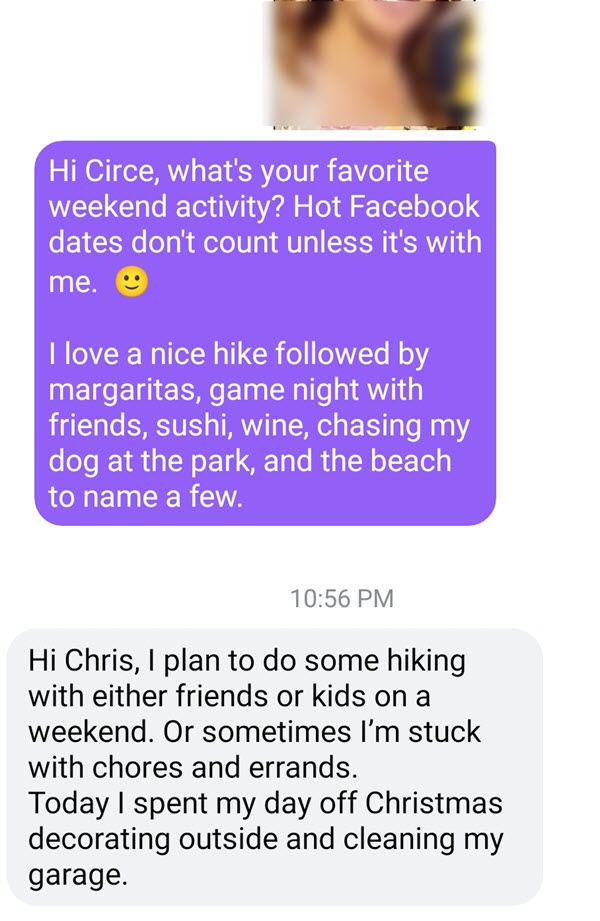 A great way to start conversations on Facebook Dating is asking a woman her favorite thing to do on weekends.