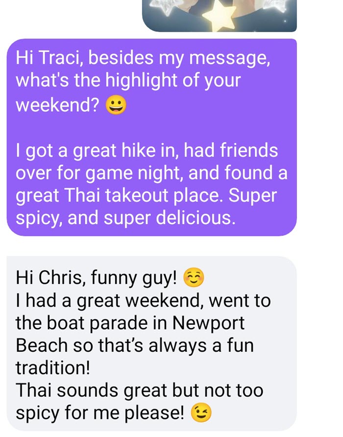 A great icebreaker on Facebook Dating is asking for a the highlight of the weekend.