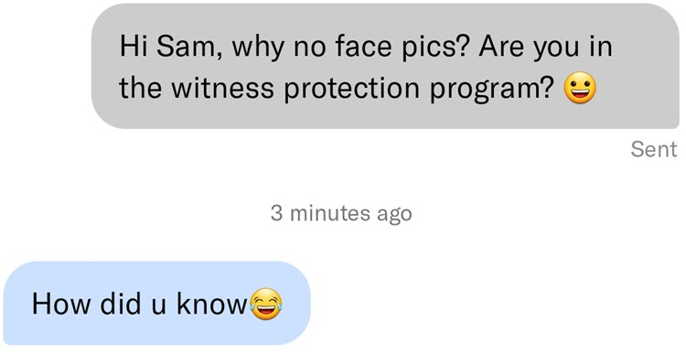 OkCupid conversation starter with a woman with faceless profile.