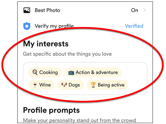 Where is the interests section on Bumble profile?