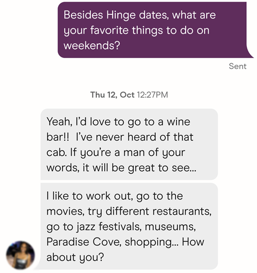 Asking a woman's favorite weekend activities can deepen a conversation on Hinge.