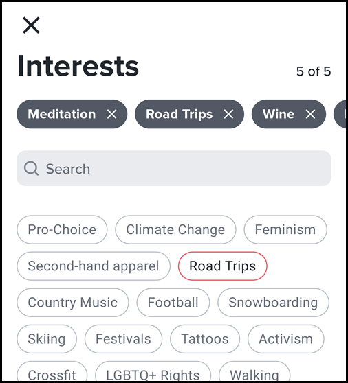 A good profile tip for Tinder is using Interest badges.