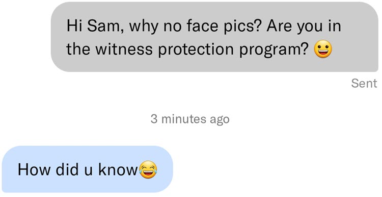 OkCupid conversation starter with a woman with faceless profile.